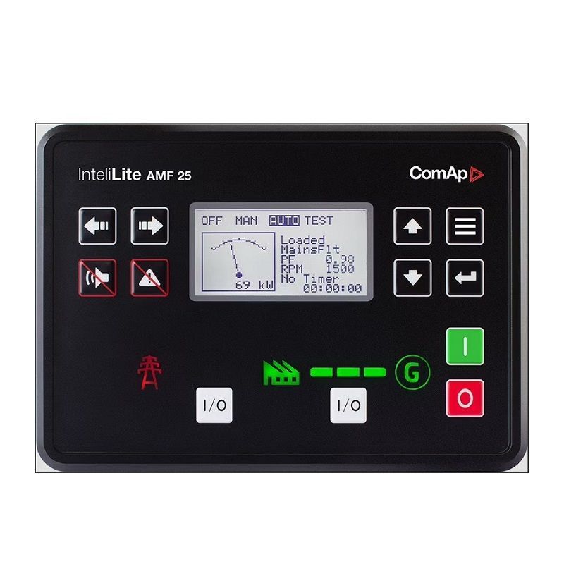 Panel de control negro con pantalla, botones e indicadores de estado. Se pueden ver las inscripciones 