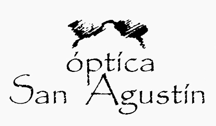 Logotipo para Óptica San Agustín: texto negro con trazos rugosos, forma de montaña encima, fondo blanco.