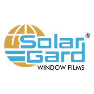 The solar gard window films logo is blue and yellow