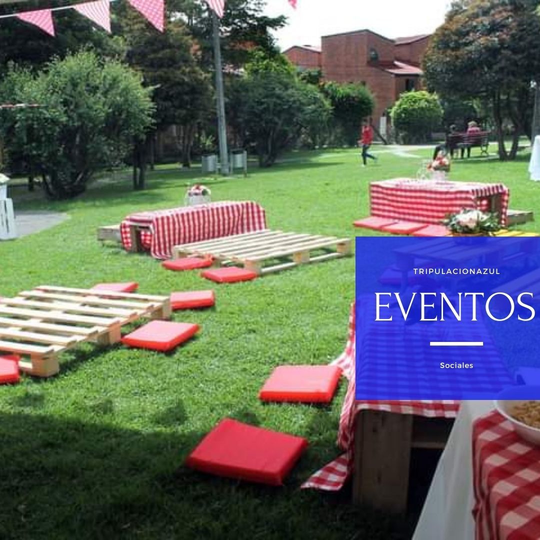 Montaje de picnic sobre césped verde con paletas de madera, cojines rojos, manteles a cuadros y banderines.