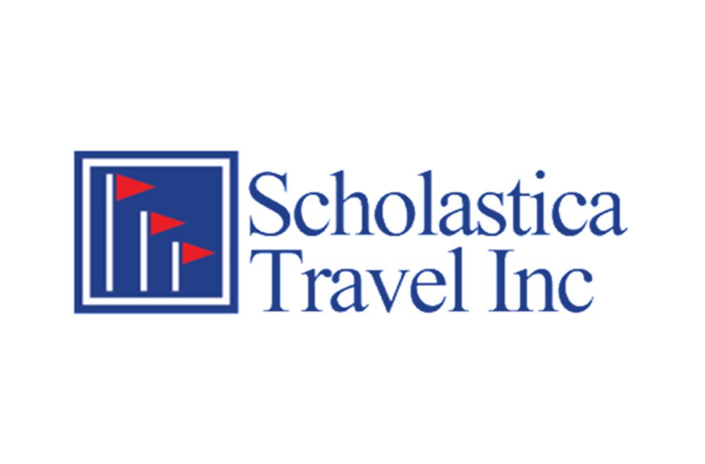the logo for scholastica travel inc. is blue and red .