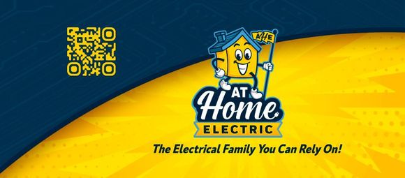 A blue and yellow sign for at home electric