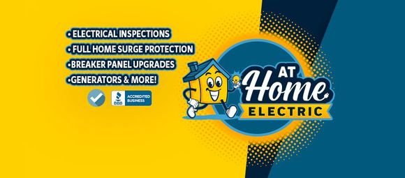 A blue and yellow banner for at home electric with a cartoon house on it.