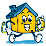 A cartoon illustration of a yellow house with arms and legs holding a hose.