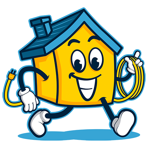 A cartoon illustration of a yellow house with arms and legs holding a hose.