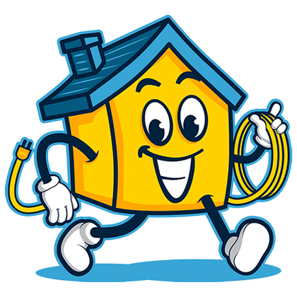 A cartoon illustration of a yellow house with arms and legs holding a hose.