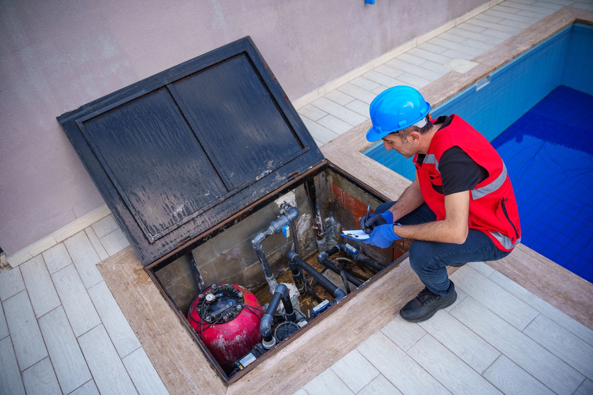 Pool maintenance specialist inspecting swimming pool plumbing and equipment.