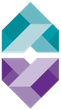 Two abstract geometric shapes, one teal and light blue, the other purple and lavender, mirror images of each other.