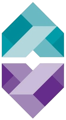 Two abstract geometric shapes, one teal and light blue, the other purple and lavender, mirror images of each other.