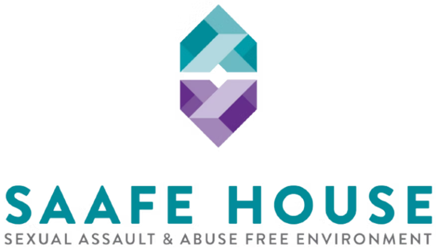 SAAFE House logo: teal and purple geometric shapes, text "SAAFE HOUSE", and description: "