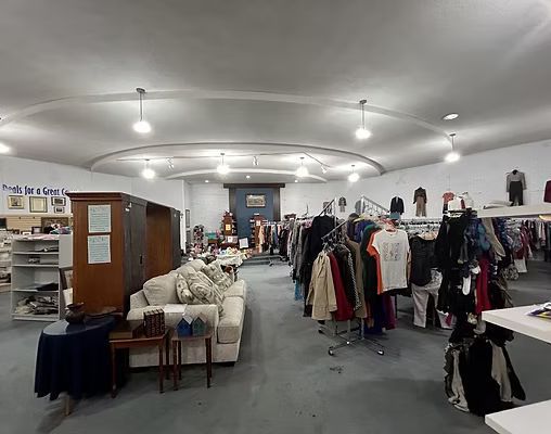 Interior of a brightly lit thrift store with clothing racks, furniture, and round ceiling lights.