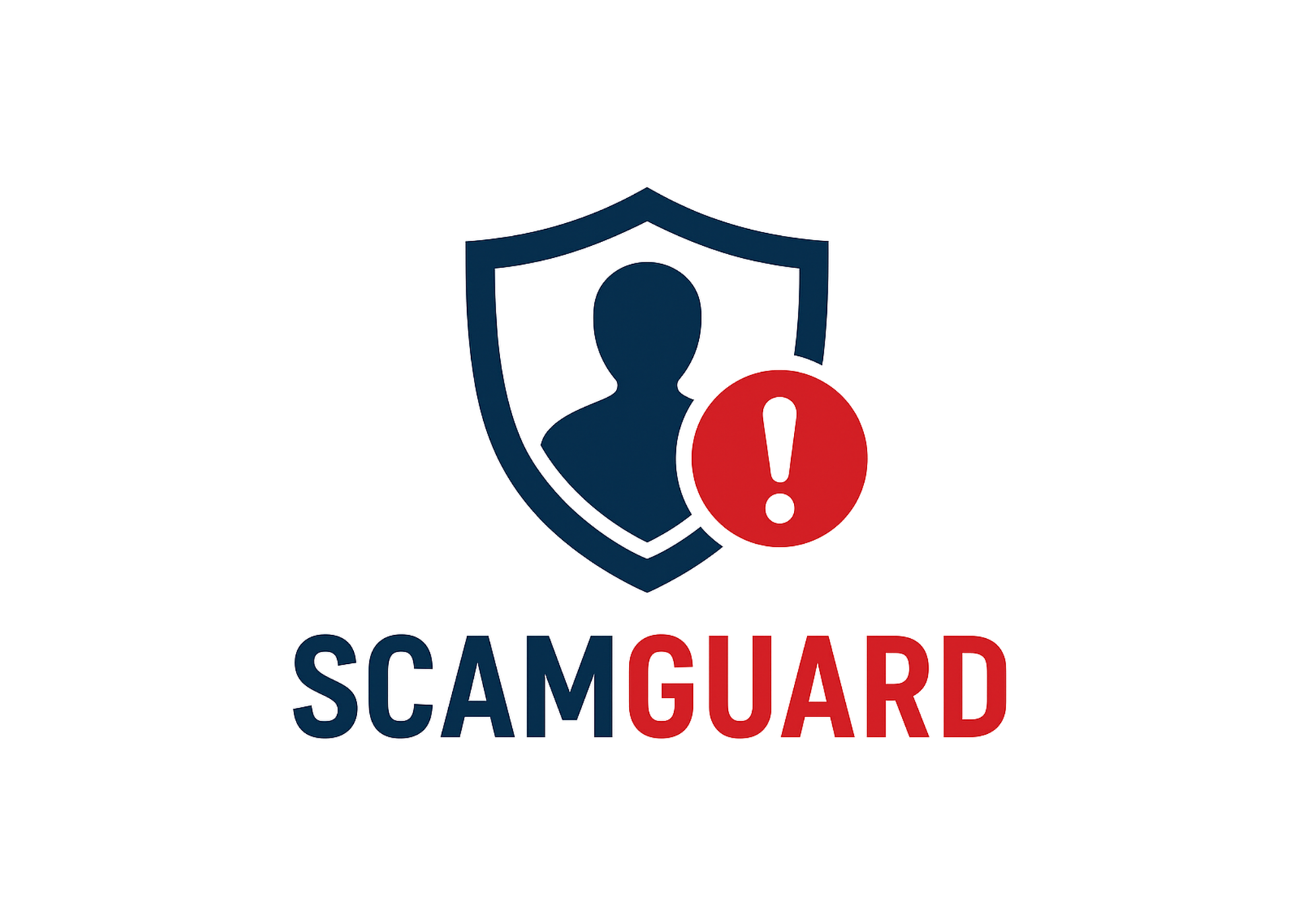 Logo with shield and person silhouette, red exclamation, and 