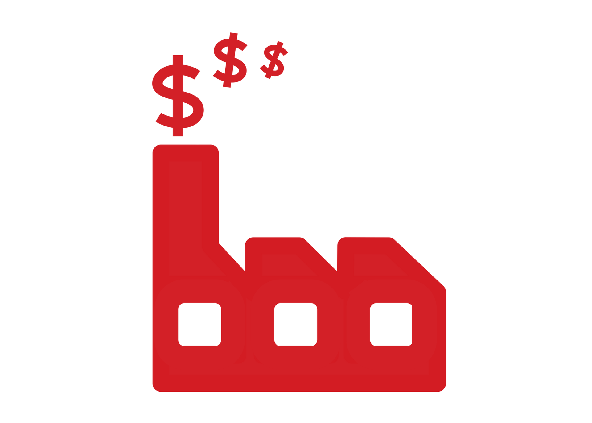 Red factory with dollar signs rising from the smokestack.