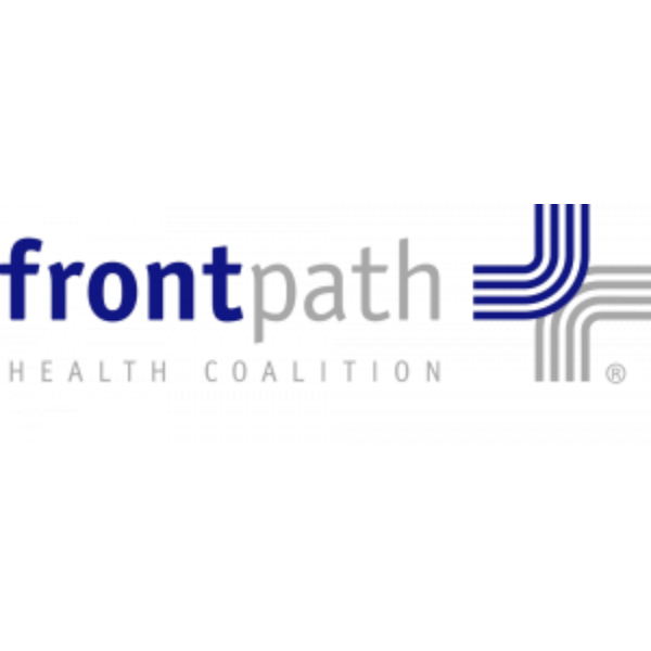 Logo for Frontpath Health Coalition; blue and gray text with a plus sign formed by curved lines.