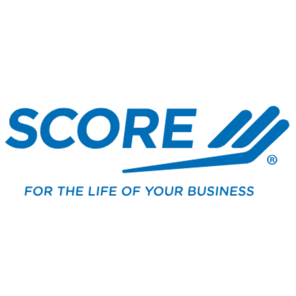 SCORE logo with blue text and a stylized graphic; 