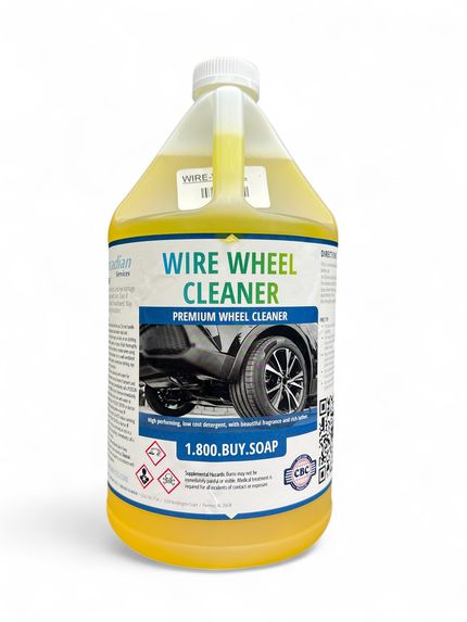 Yellow bottle of Wire Wheel Cleaner with car wheel graphic on the label