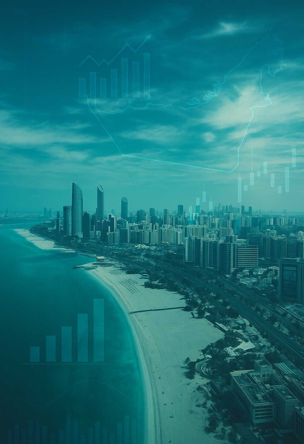 Abu Dhabi skyline with data charts highlighting UAE company setup and investment trends