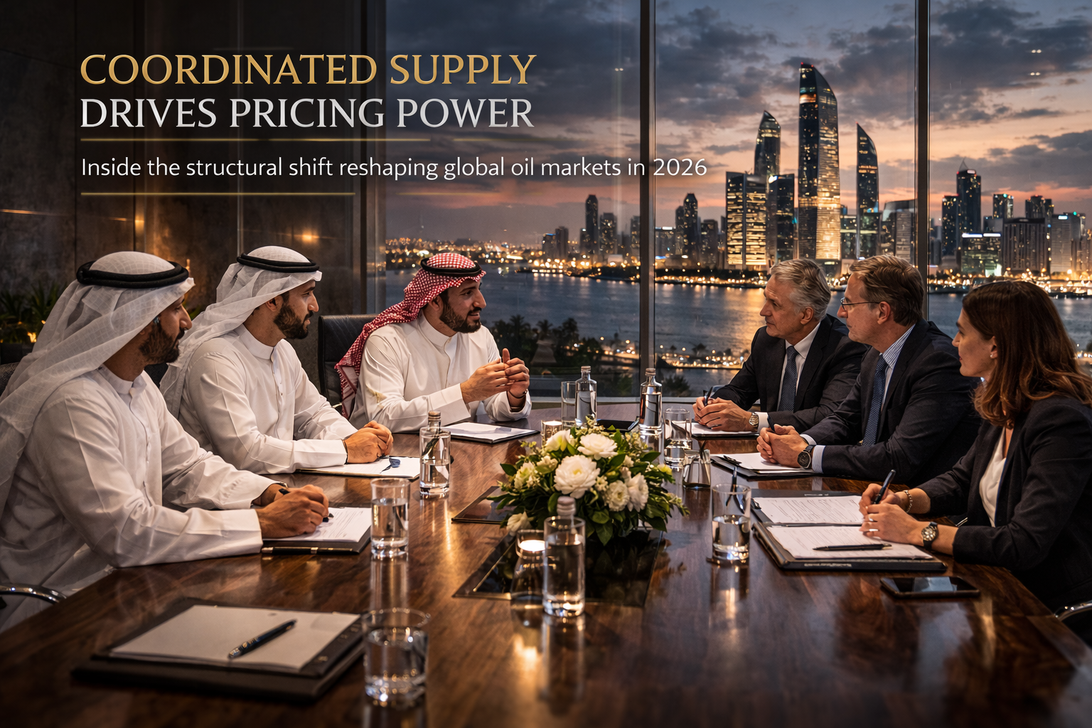 Energy executives in strategic boardroom meeting in Abu Dhabi UAE, analysing OPEC production cuts, global oil market outlook 2026, pricing power, energy intelligence and capital allocation strategy.