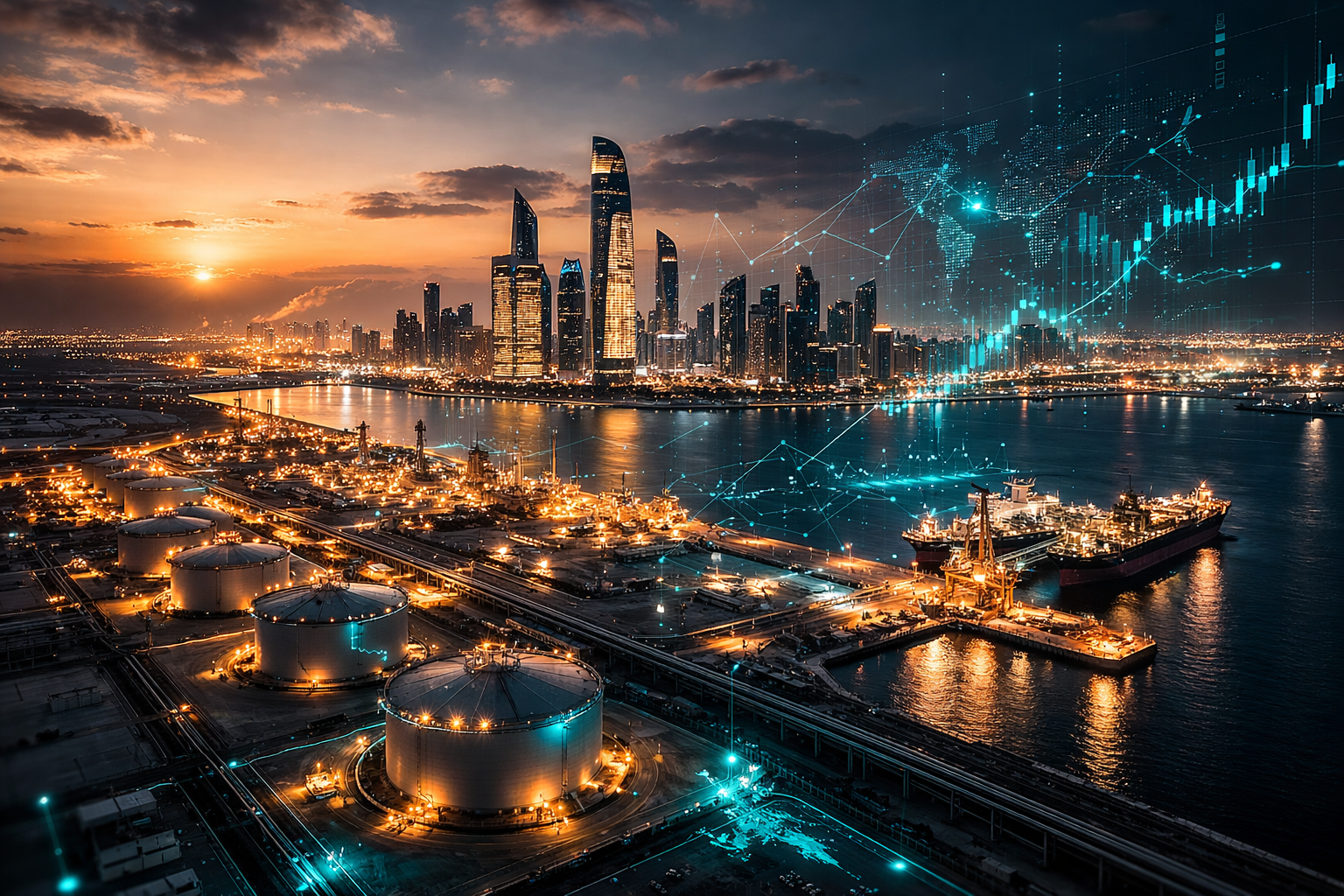 City skyline with harbor and oil refinery at sunset, overlaid with a stock market graph.