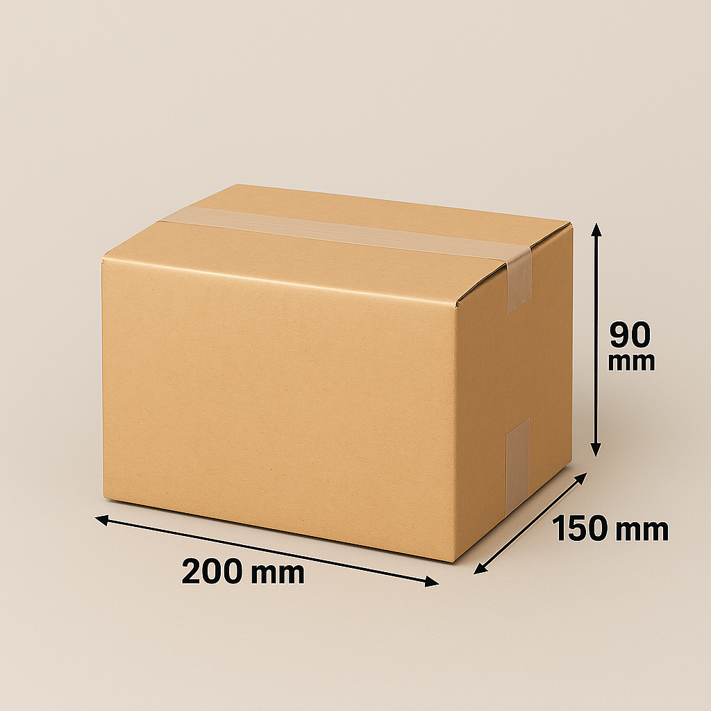 Kartonnen doos, afmetingen 200x150x90 mm, dichtgeplakt met plakband, op een effen achtergrond.