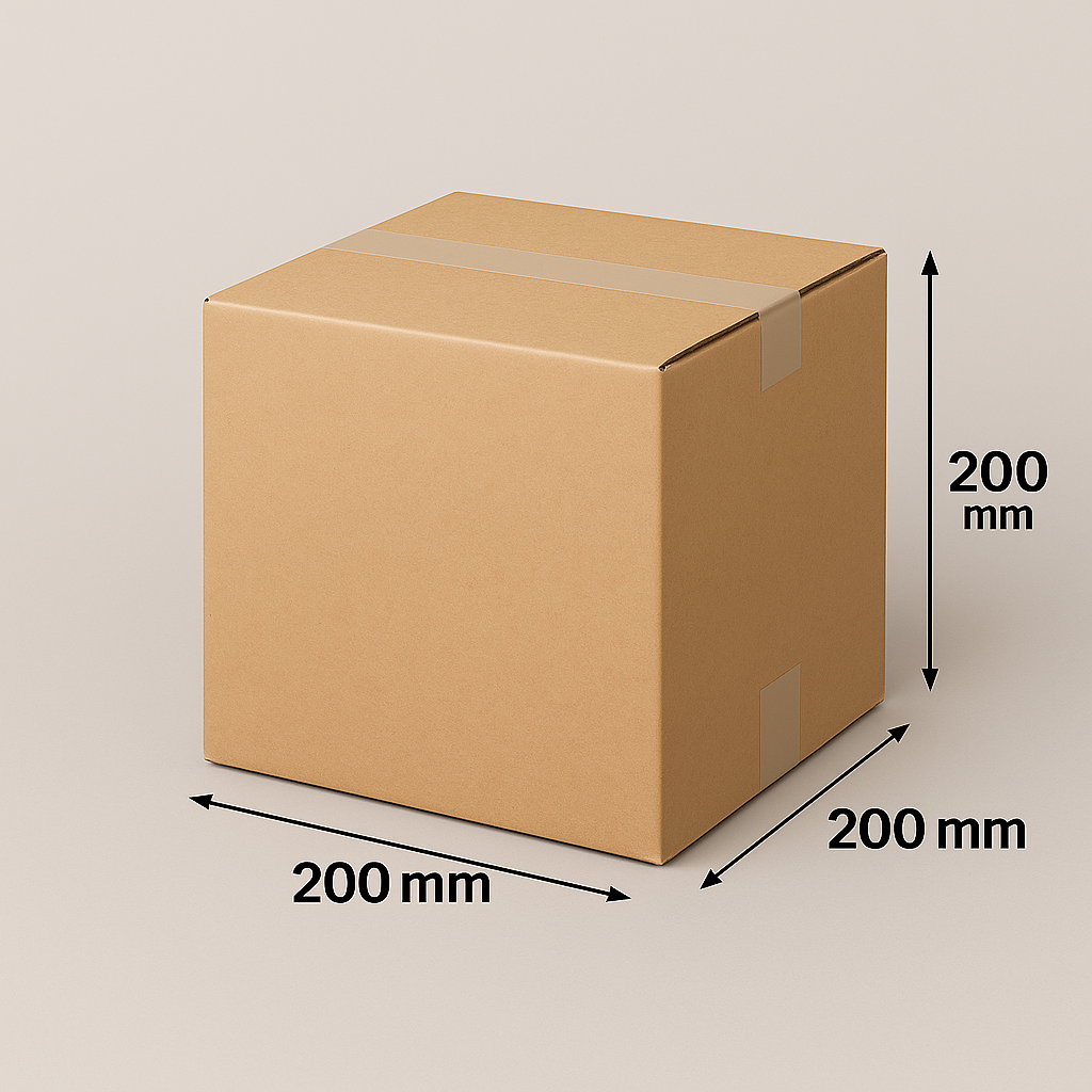 Vierkante kartonnen doos, 200 mm aan elke kant, met afgeplakte bovenkant. Bruin.