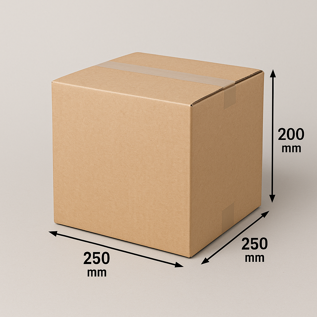 Kartonnen doos met afmetingen: 250 mm x 250 mm x 200 mm, kleur bruin.
