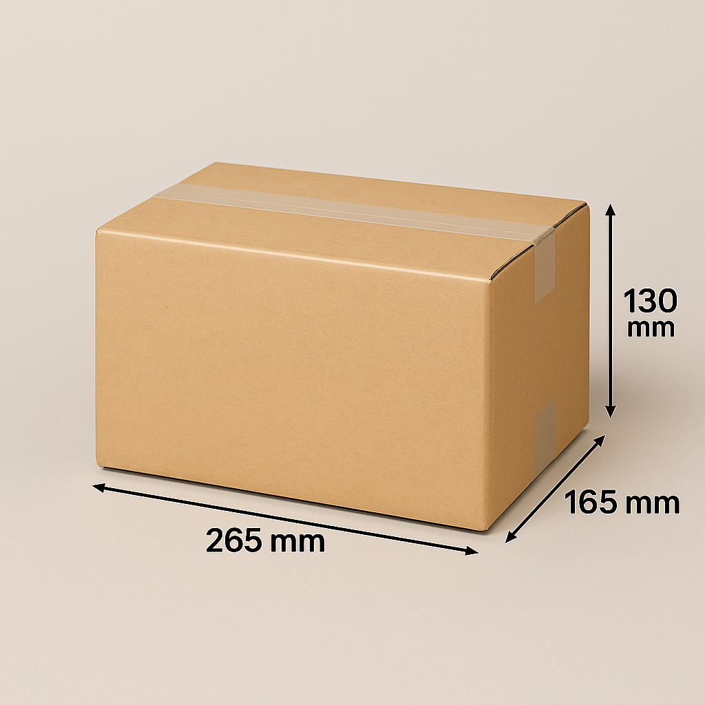 Kartonnen doos met afmetingen 265 mm x 165 mm x 130 mm, dichtgeplakt met plakband.
