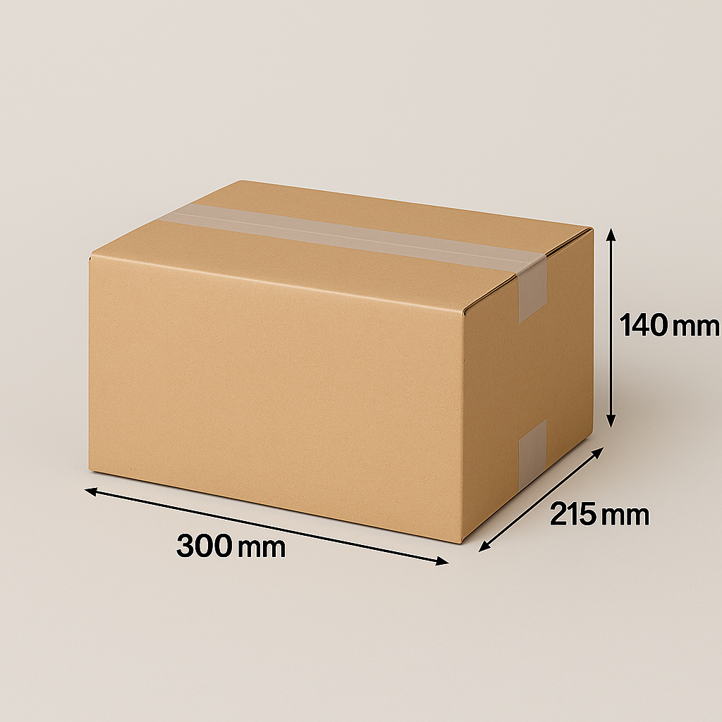 Kartonnen doos met afmetingen 300 mm x 215 mm x 140 mm, verzegeld met transparante tape.