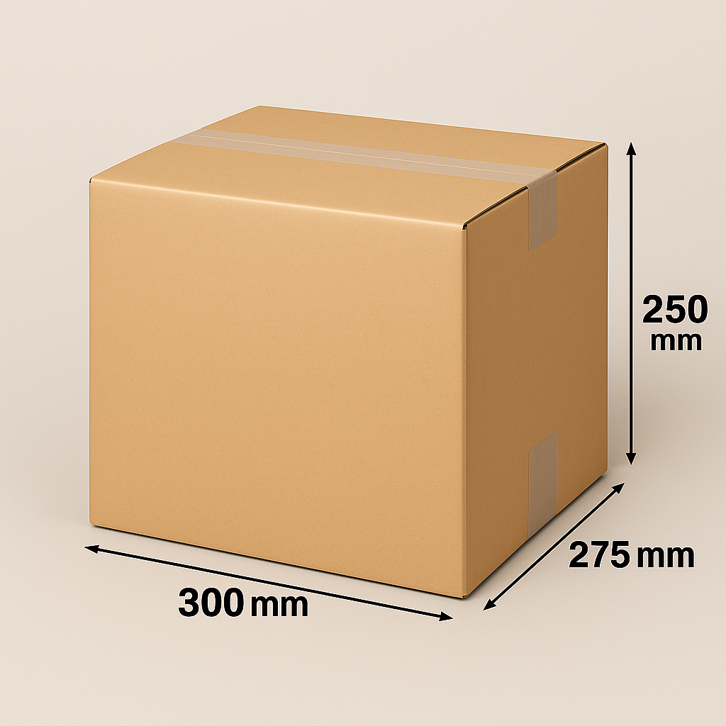 Kartonnen doos, bruin, dichtgeplakt met tape. Afmetingen: 300 mm x 275 mm x 250 mm.