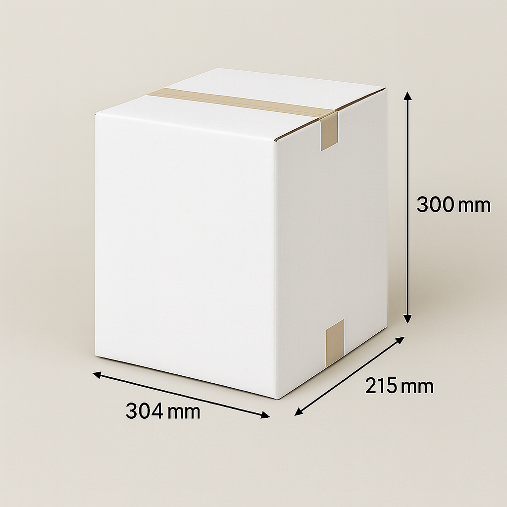 Witte kartonnen doos met de afmetingen: 304 mm x 215 mm x 300 mm.
