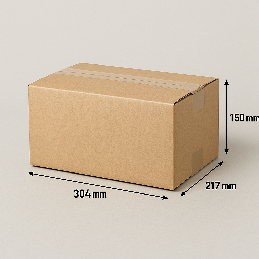Kartonnen doos met afmetingen: 304 mm x 217 mm x 150 mm.