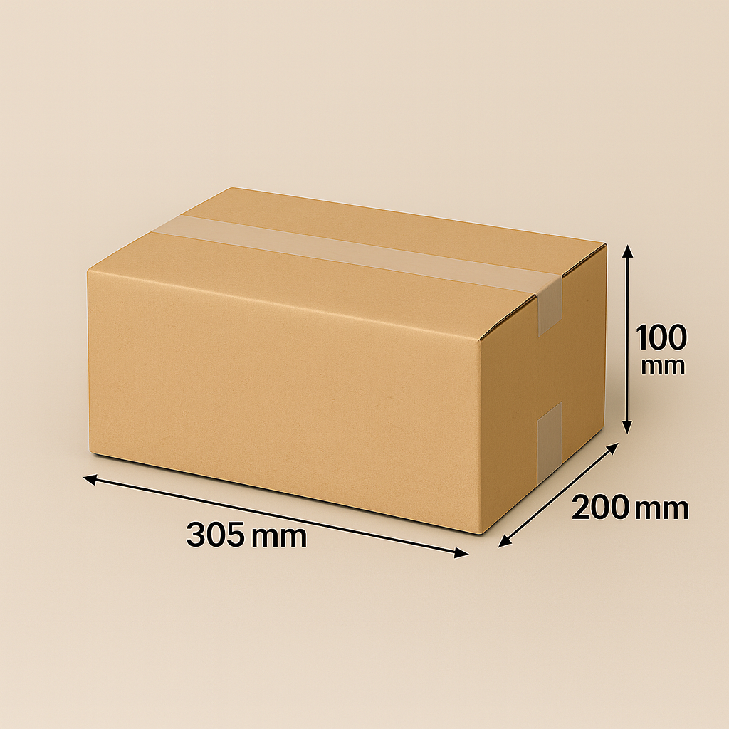 Kartonnen doos met afmetingen: 305 mm x 200 mm x 100 mm, dichtgeplakt met tape.