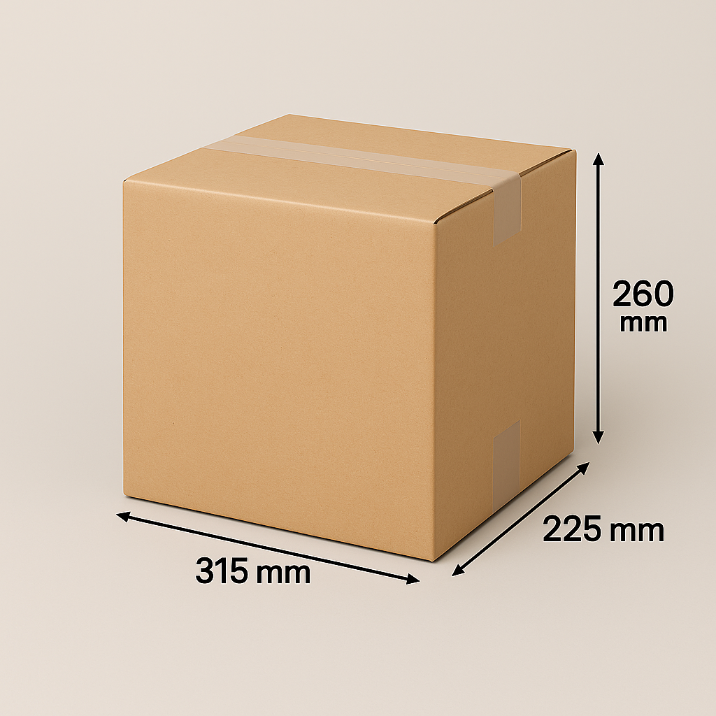 Kartonnen doos met afmetingen: 315 mm x 225 mm x 260 mm.