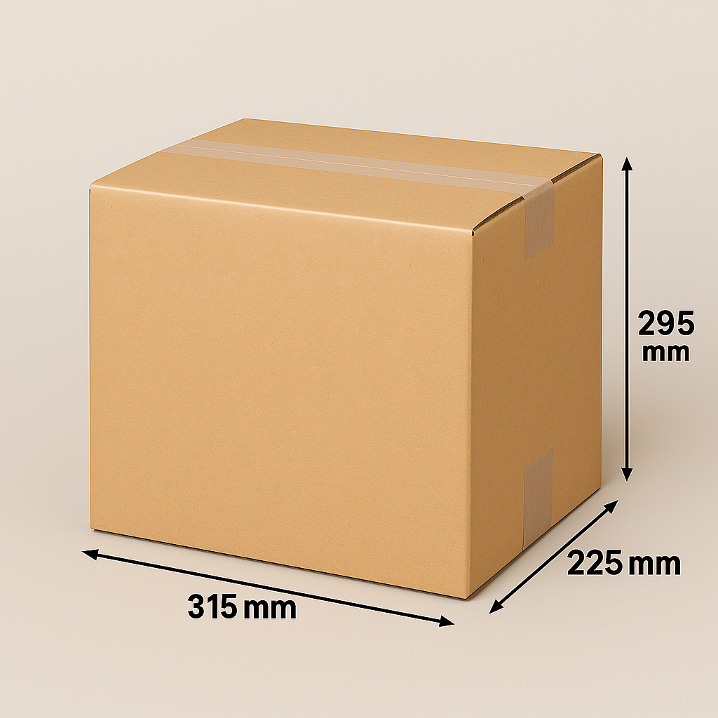 Kartonnen doos met afmetingen: 315 mm x 225 mm x 295 mm.