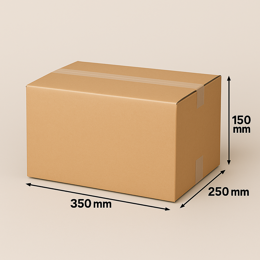Bruine kartonnen doos met de afmetingen: 350 mm x 250 mm x 150 mm.