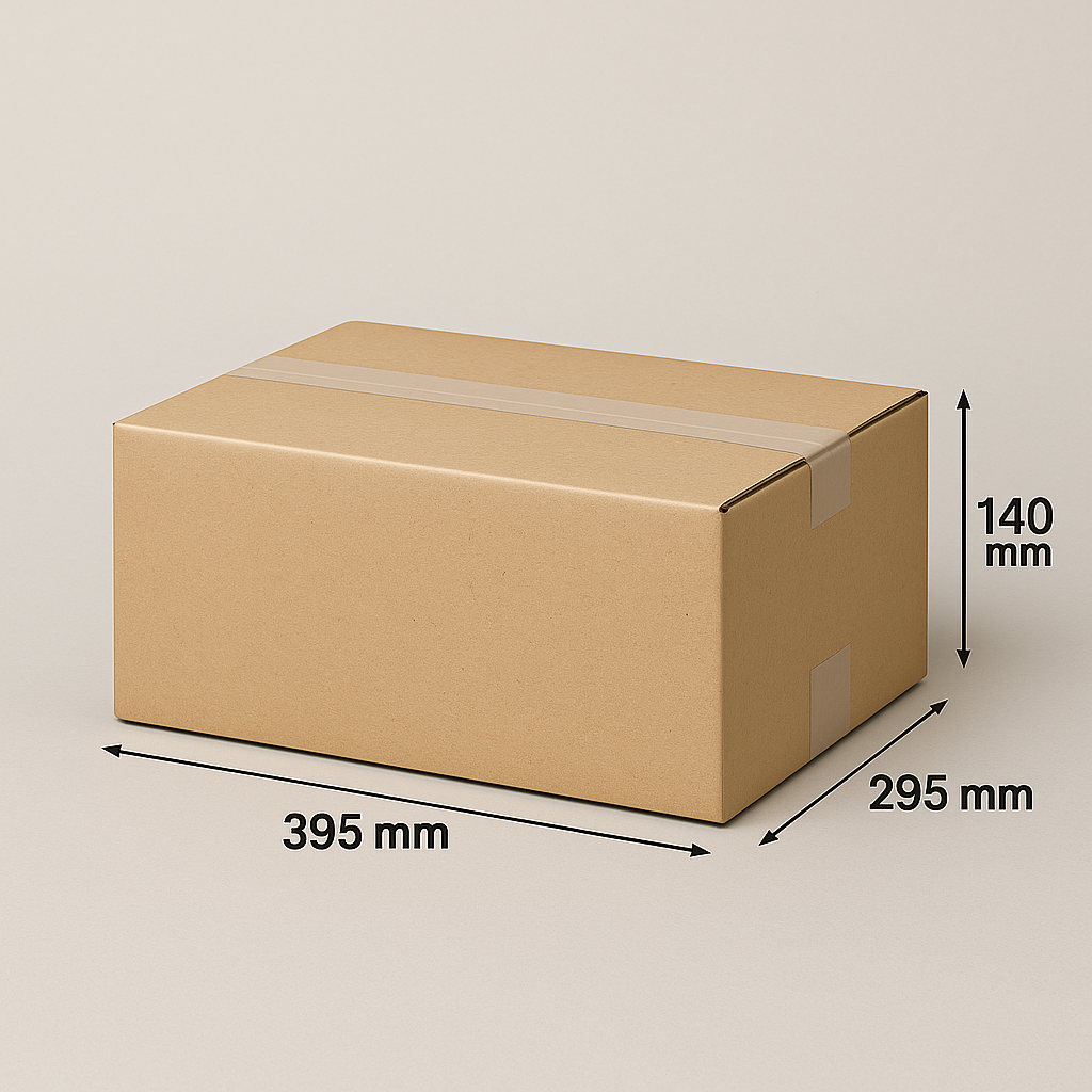 Kartonnen doos met afmetingen: 395 mm x 295 mm x 140 mm.