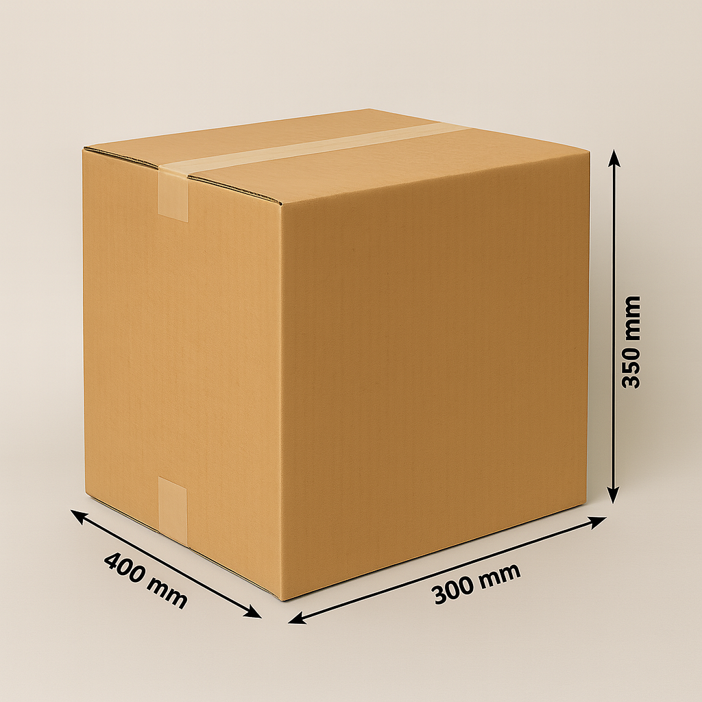 Bruine kartonnen doos met afmetingen: 400 x 300 x 350 mm.