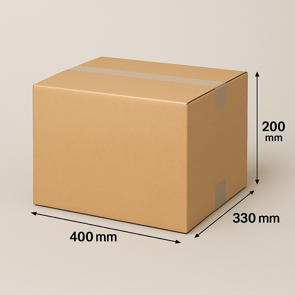 Kartonnen doos met afmetingen: 400 mm x 330 mm x 200 mm.