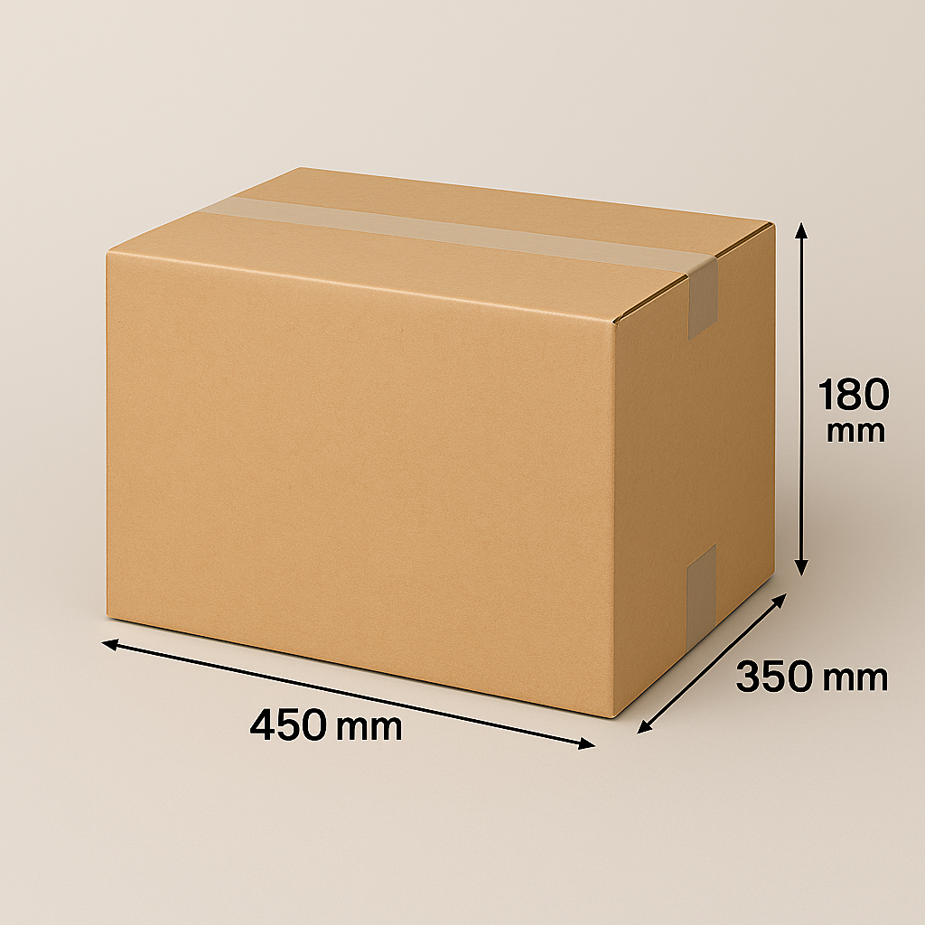Kartonnen doos met afmetingen: 450 mm x 350 mm x 180 mm.