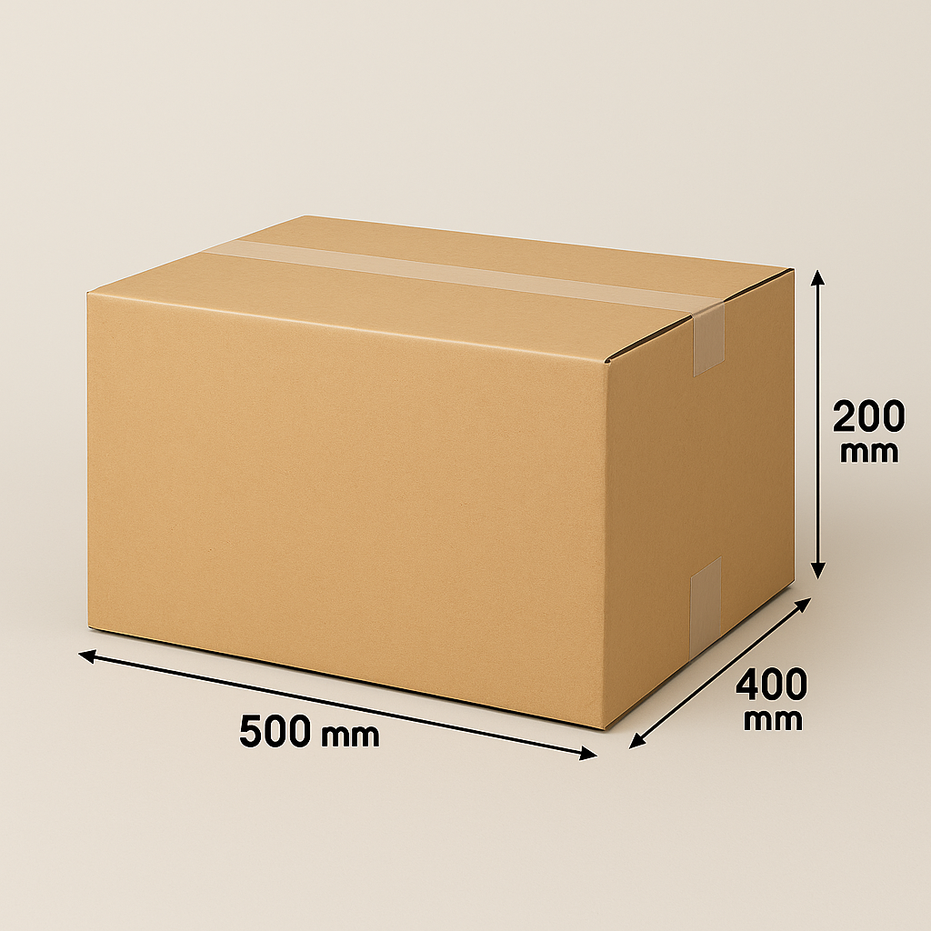 Kartonnen doos met afmetingen: 500 mm x 400 mm x 200 mm, afgebeeld op een effen achtergrond.
