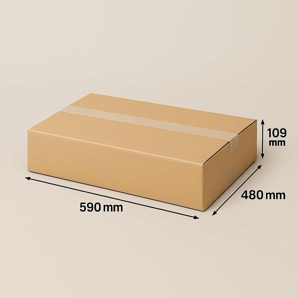 Kartonnen doos met afmetingen: 590mm x 480mm x 109mm, bruin, geplakt.