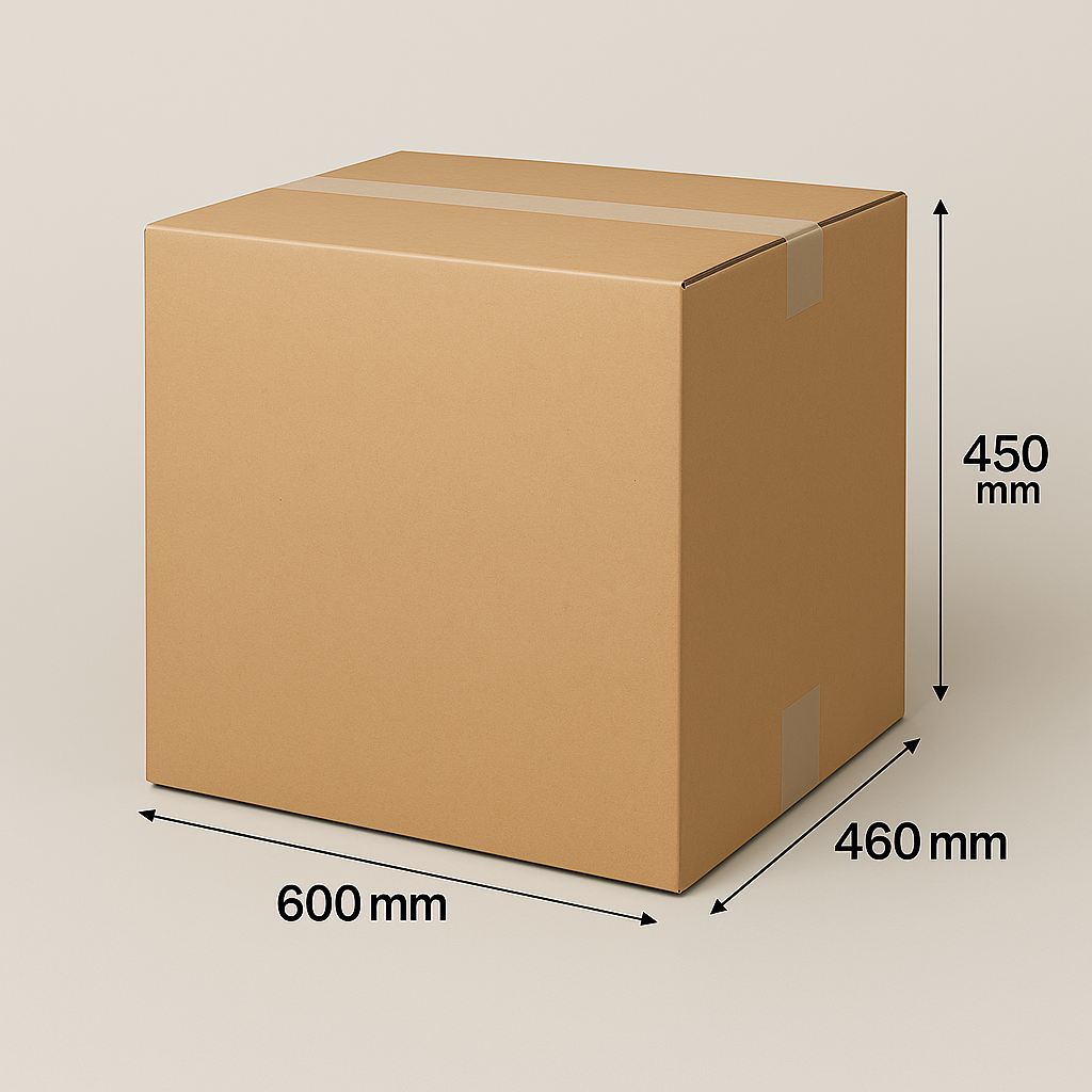Kartonnen doos met afmetingen 600mm x 460mm x 450mm.