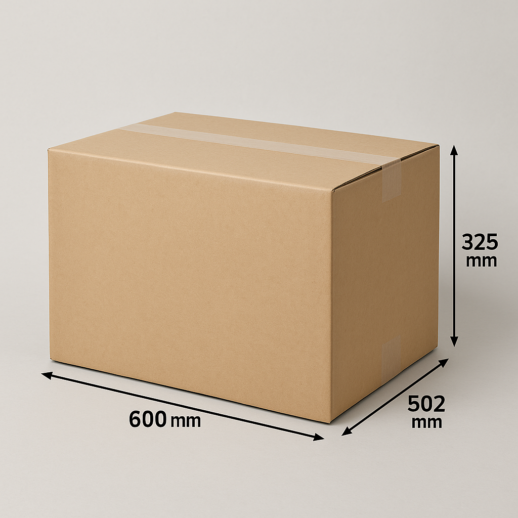 Kartonnen doos, bruin, met afmetingen 600mm x 502mm x 325mm.
