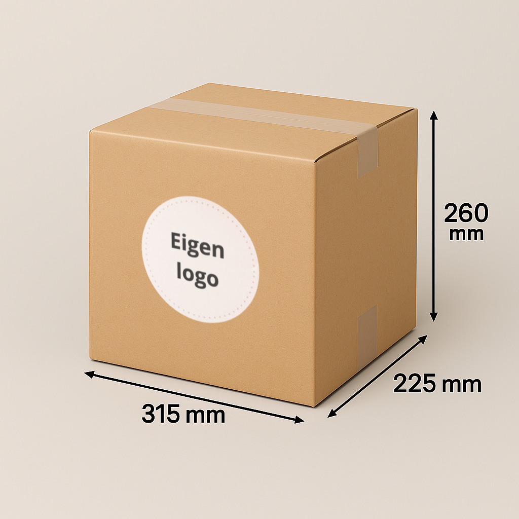 Kartonnen doos met afmetingen en een label met de tekst 