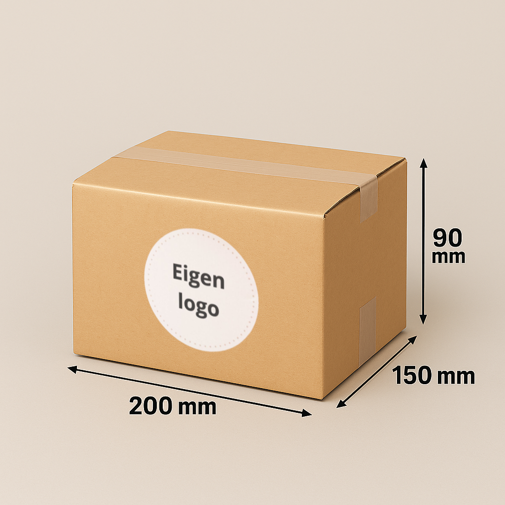 Kartonnen doos met de afmetingen 200x150x90 mm en een ronde sticker met daarop het 