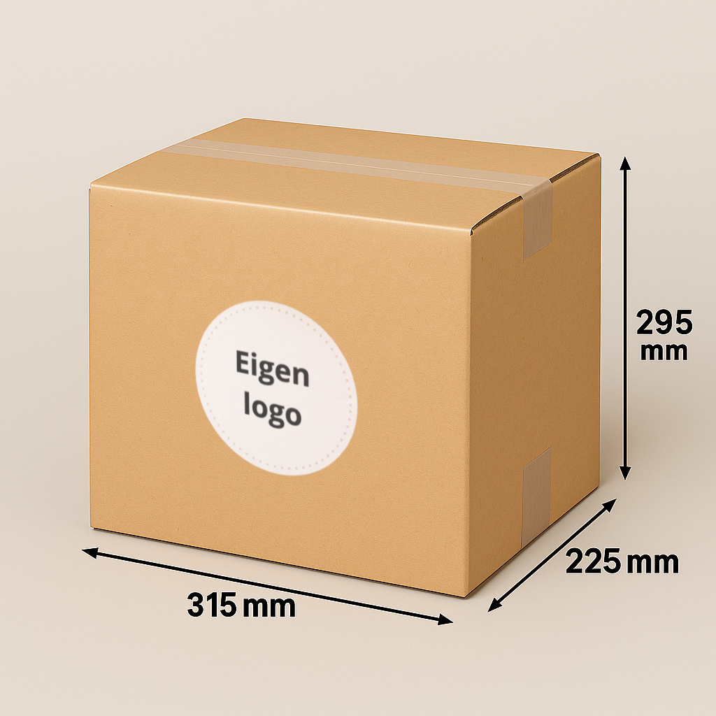 Kartonnen doos met afmetingen in millimeters. Etiket met 