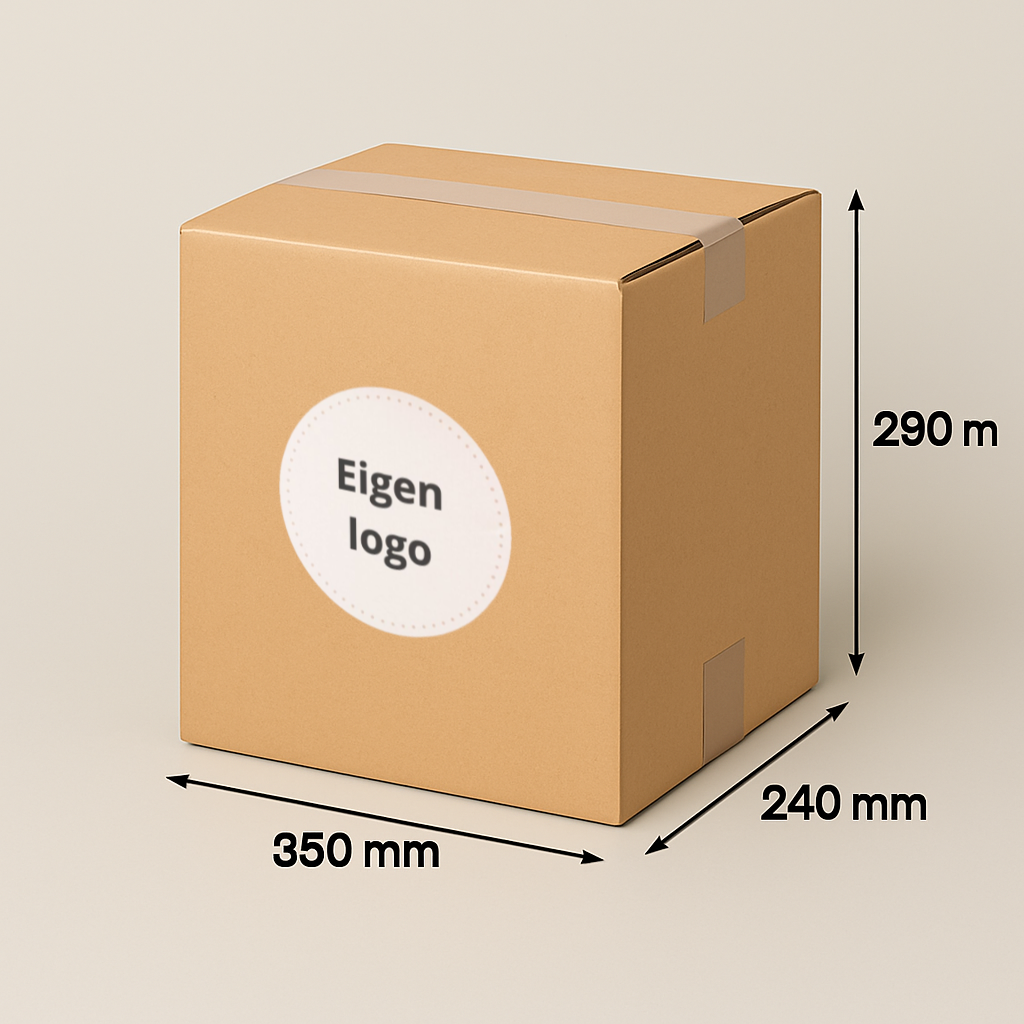Kartonnen doos met de afmetingen 350 x 240 x 290 mm, met een rond label met de tekst 