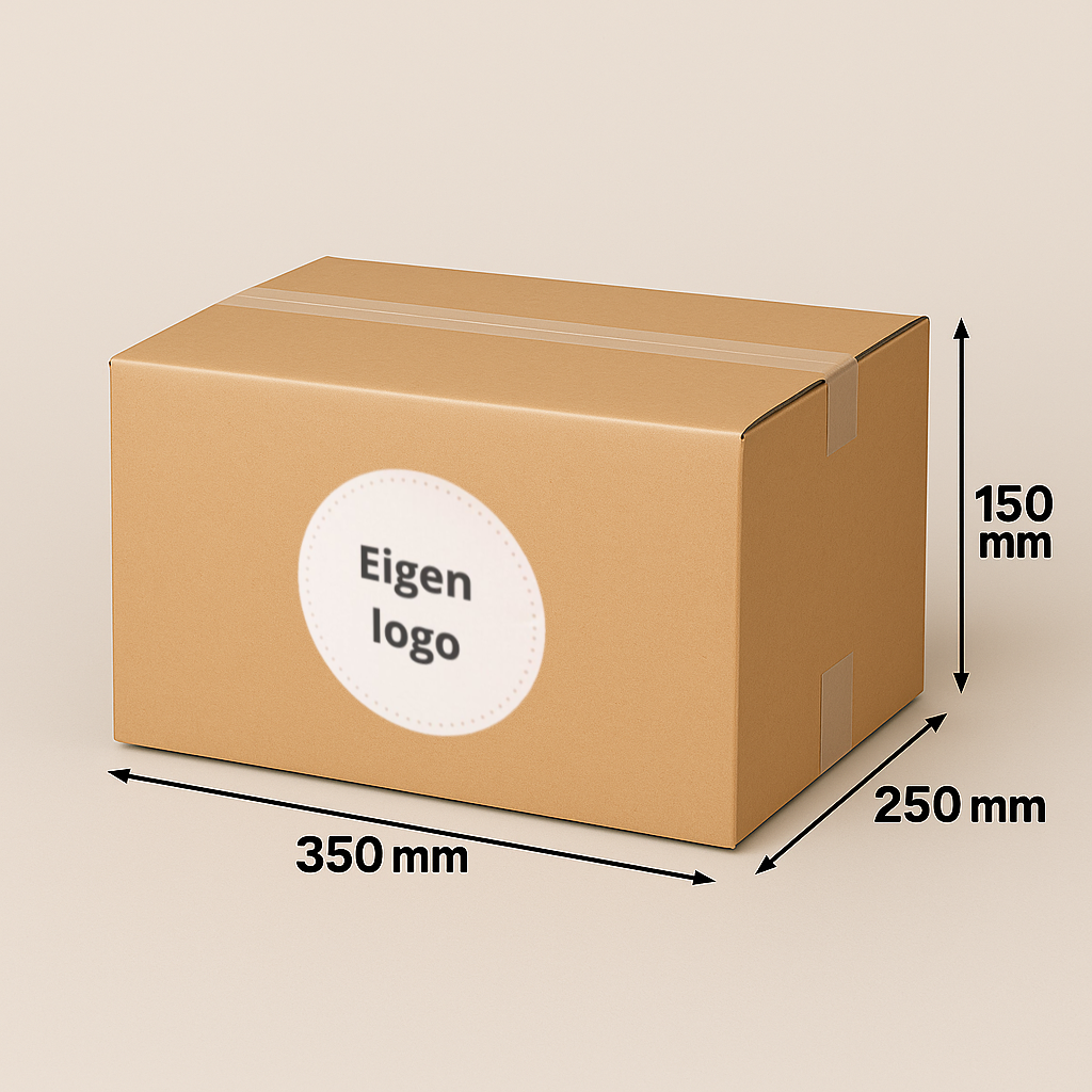 Kartonnen doos met etiket; afmetingen 350 mm x 250 mm x 150 mm.
