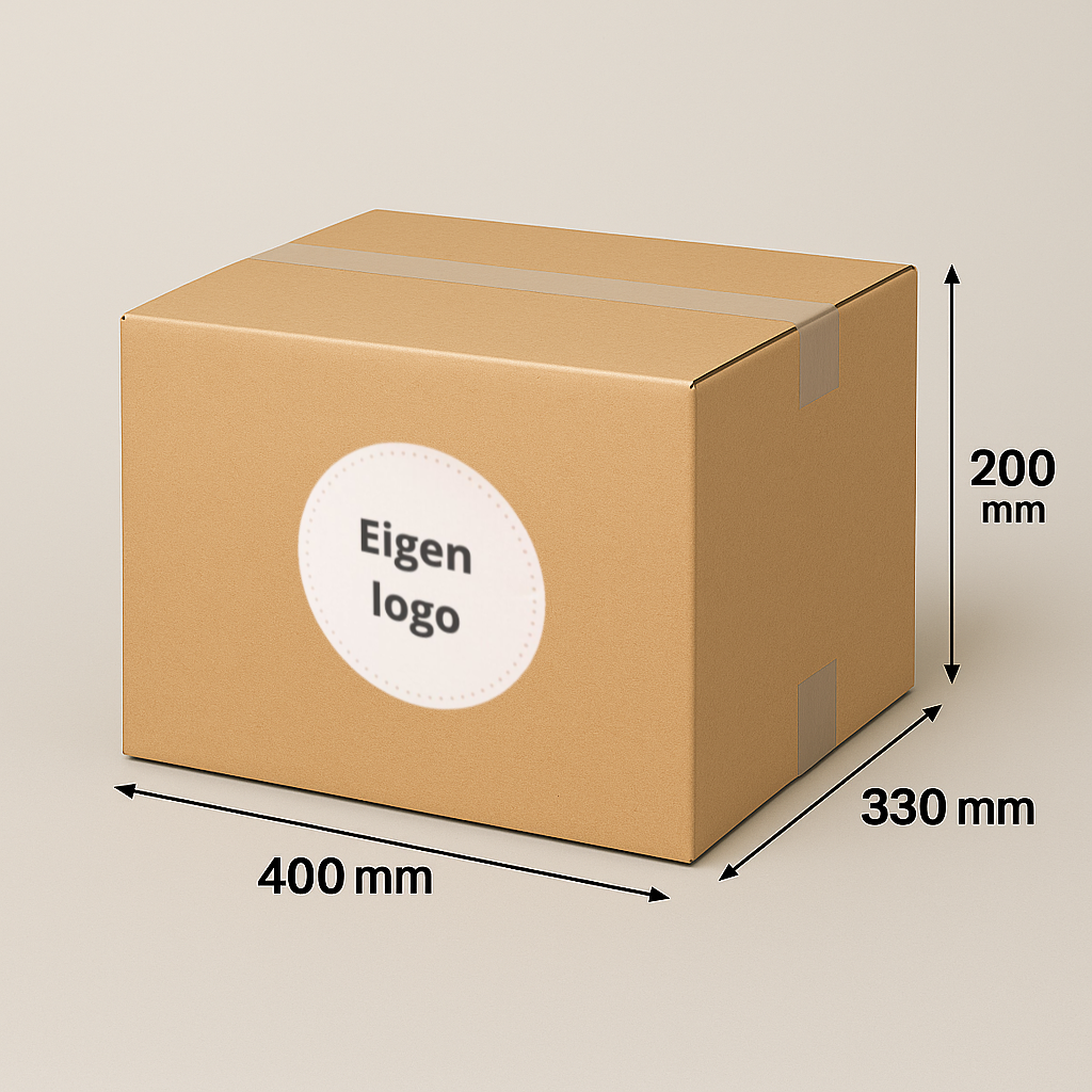 Kartonnen doos met aangepast logo-etiket, afmetingen 400 mm x 330 mm x 200 mm.