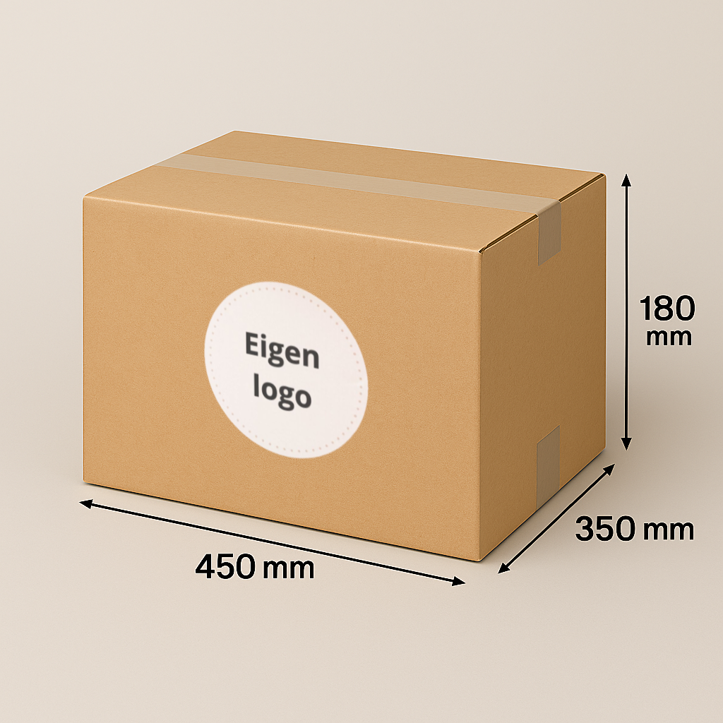 Kartonnen doos met afmetingen 450x350x180 mm. Label 